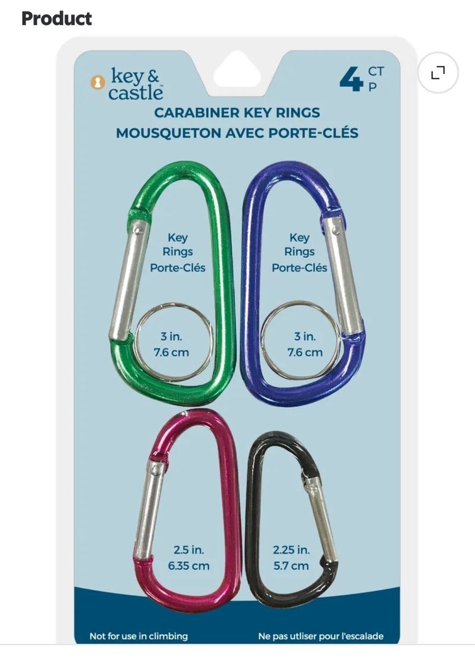 NEW! 4 Pack Carabiner with Key Rings Aluminum Clips Assorted Sizes And Colors